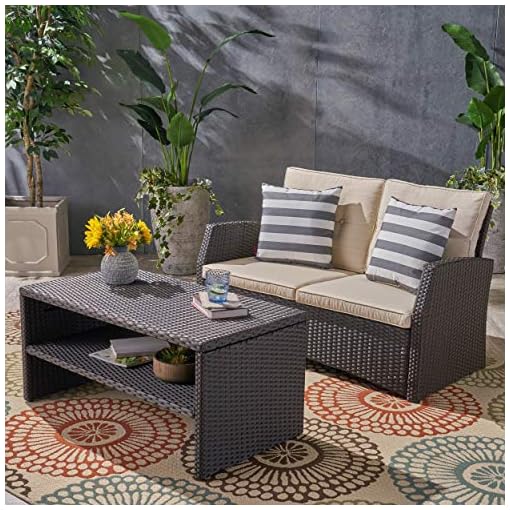 Great Deal Furniture Zora Outdoor Wicker Loveseat with Coffee Table