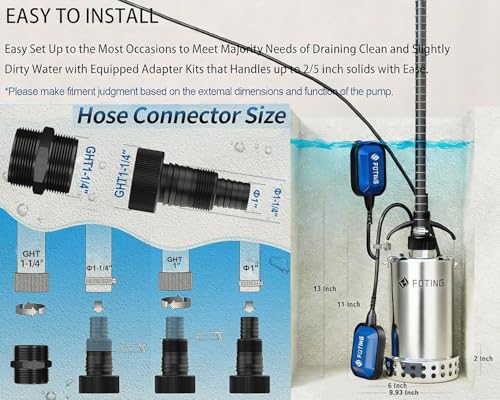 Full 304 Stainless Steel Submersible Water Pump 1HP 4600GPH with Automatic Float Switch, Utility Pump for Pool Draining Fast Water Removal in Basement Sewage Heater Flush Pit Hot Tub Garden Pond