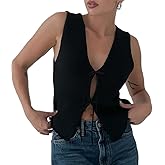 Mieeyali Womens Vintage Knittd Tank Y2k Vest Crop Top Sleeveless V-Neck Open Front Button Crochet Knit Vests Versatile Tops
