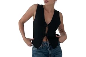 MIEEYALI Women Y2k Crochet Vest Top Vintage Solid Color V Neck Sleeveless Front Tie Tops Going Out Tops