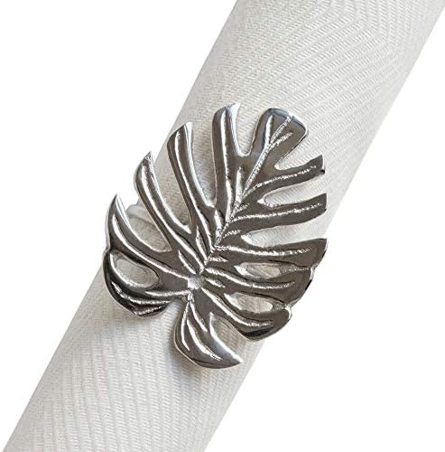 Fennco Styles Gold Plated Metal Palm Tree Monstera Napkin Rings - Set of 4 (Silver Monstera)