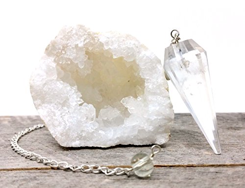 Crystal Quartz Geode and Pendulum Kit from Morocco / Includes People Crystals Gift Pouch and Chakra Guide / Bohemian Meditation Set
