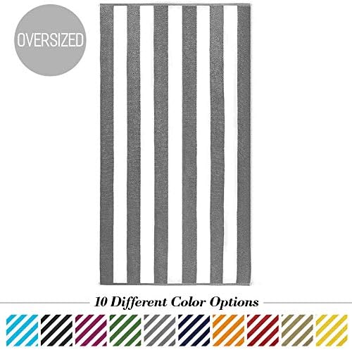 Caravalli Egyptian Cotton Beach Towel, Windsor Oversized Luxury Resort Towel with Large Stripes, Over Sized Super Soft Ulta Absorbent Striped Spa Towels, Thick Cabana Stripe Bath Towel (Grey)