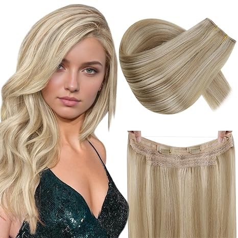 RUNATURE Invisible Wire Hair Extensions Real Human Hair Highlight Dark Blonde Wire Human Hair Extensions Straight Hair 14 Inch 70g #16/22 — image 1