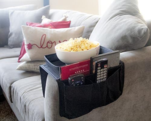 Cell Phone, Pen, TV Remote Control Organizer Holder By LiRa Offer Top Quality Arm Rest Organizer With Clamp Drapes Over Sofa Arm, Top Tray For Snacks, 6 Pockets for Game Controller, Magazine or Books