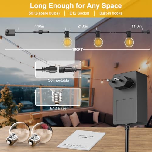 FARNY LED Outdoor Light Chain 30M/100FT G40 50+2 IP45 Waterproof Garden Lights, 24 V Warm White Light Chain for Garden, Wedding/Home/Coffee/Gazebo