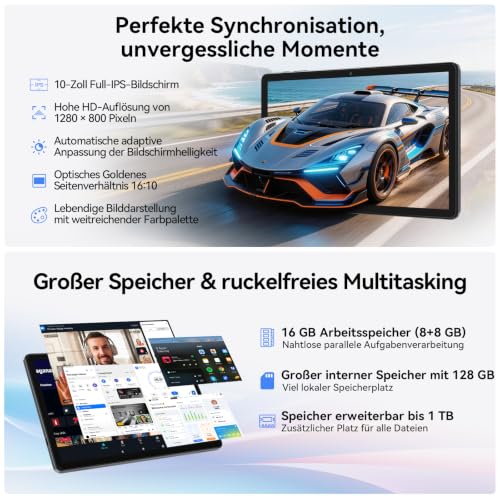 KADYBE Tablet 10.1 Inch Android 16 with 16GB RAM + 128GB ROM, Face Unlock, Tablet PC with Keyboard, Mouse & Stylus, 6000mAh Battery, WiFi 5, Bluetooth 5.0, GPS, HD Display - Business for Home