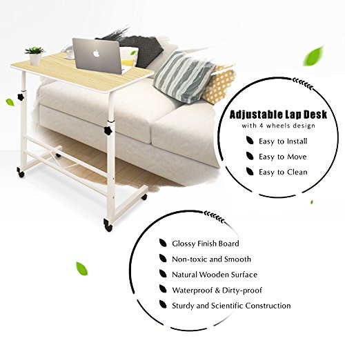 Jerry & Maggie - Adjustable Height Desk Laptop Desk Movable Bedside Table Lapdesk with 4 Wheels Flexible Wooden Stand Desk Cart Tray Side Table - Light Wood Tone - Thumbnail 4
