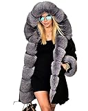 Roiii Women's Warm Winter Coat Hood Parka Overcoat Faux Fur Jacket Outwear (XXL, Black)