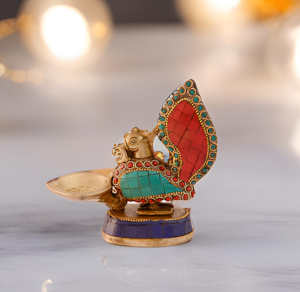 Purpledip Unique Peacock Deepak Deepam Diya (Kuthu Vilakku) in Pure Brass with Spectacular Gemstonework, Indian Religious Gift Ideas (10995)