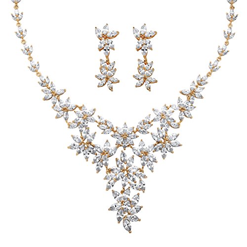 Marquise-Cut White Cubic Zirconia 14k Yellow Gold-Plated 2-Piece Flower Motif and Earring Set 17"