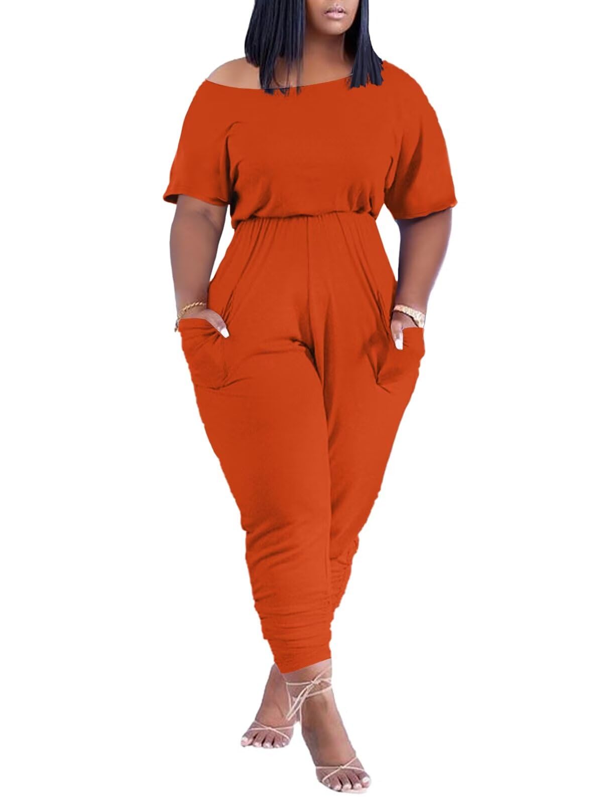 Photo 1 of acelyn Casual One Piece Loose Jumpsuit for Women Summer Plus Size Overalls Off Shoulder Pockets Rompers Orange L