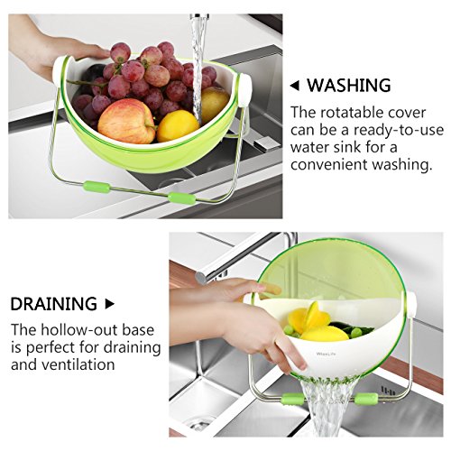 Wiselife Fruit Wash Bowl Fruit Basket 360 Rotatable Lid Fruit Holder Centerpiece Vegetable Washing Basket Storage Green