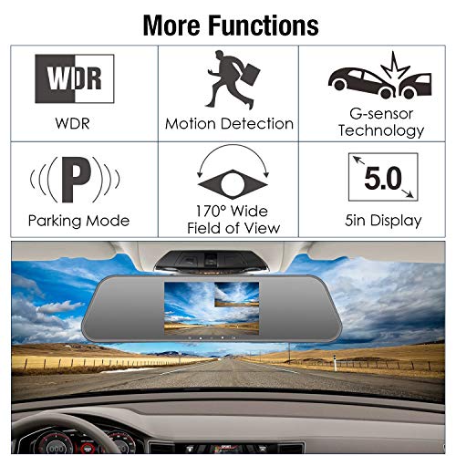 PUMPKIN Mirror Dash Cam Backup Camera 1080P Front and Rear 5" IPS Touch Screen Dual Lens Rear View Camera with Superior Night Vision, Motion Sensor, Reverse Camera, G-Sensor, Parking Monitor