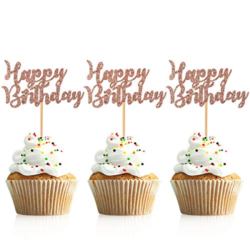 Donoter 48 Pcs Gold Glitter Happy Birthday Cupcake Toppers Cake Picks for Birthday Party Decoration Supplies (Rose Gold) - Thumbnail 4