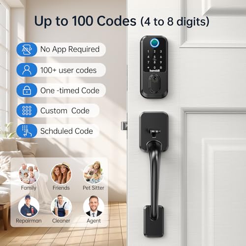 Front Door Lock and Handle Set, Hornbill WiFi Fingerprint Door Lock, Smart Keyless Entry Electronic Keypad Deadbolt for Front Door, Compatible with Alexa, Auto Lock, Matte Black