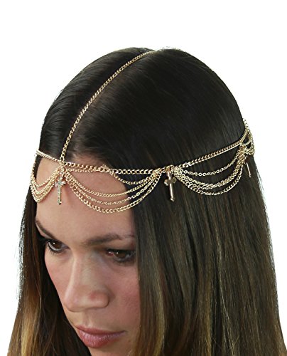 Women's Bohemian Fashion Head Chain Jewelry - Cross Charm 4 Draping Strand, Gold-Tone