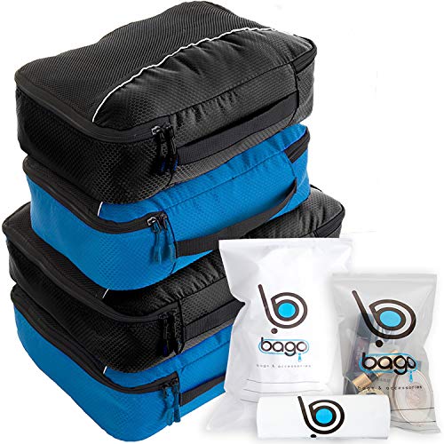 Packing Cubes for Suitcases & Travel Bags - 7Pcs Luggage & Suitcase Organizer Bags Set - Compression Packing Cubes for Travel Organizer - 4 Travel Cubes plus 3 Zip Bags (2Black+2BlueTale)