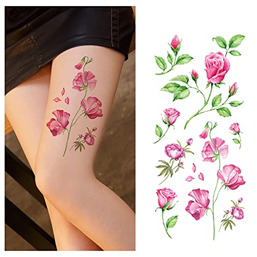 KOMMOK 15 Sheet Waterproof Temporary Tattoos, Large 3D Sexy Realistic Flowers Rose Peony Water Transfer Stickers, Body Art Temporary Tattoo for Kids Adults Men and Women