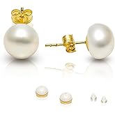 Cowlyn Pearl Stud Earrings 14k Gold Plated 925 Sterling Silver Post Hypoallergenic Earring, Freshwater Cultured Pearl Earrings Shiny Earrings for Women 6-10mm