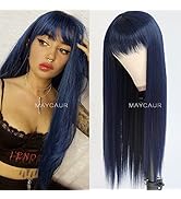 Maycaur Blue Synthetic Hair Wigs with Full Bangs Long Straight Women's Wig Heat Resistant Synthet...