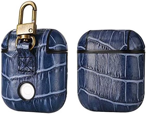 AirPods Case, Carabiner Clip Design Luxury Alligator Texture Real Cowhide Leather Shockrpoof Dirproof Dustproof Full Protective Skin Cover Case for AirPods Charging Case (Navy Blue)