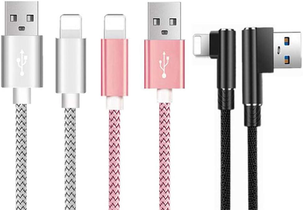 Phone Charger Cable 3PACK [6FT 5FT 5FT] USB Syncing Cord Nylon Braided 90 Degree Gaming Cord Compatible Phone xs/xsmax/xr/8/8plus/7/7plus/6/6plus pad pod & More