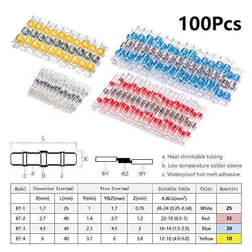 100pcs Solder Seal Wire Connectors,Heat Shrink Butt Connectors Terminals Waterproof Insulated Electrical Wire Terminals,Automotive Marine Wire Splices