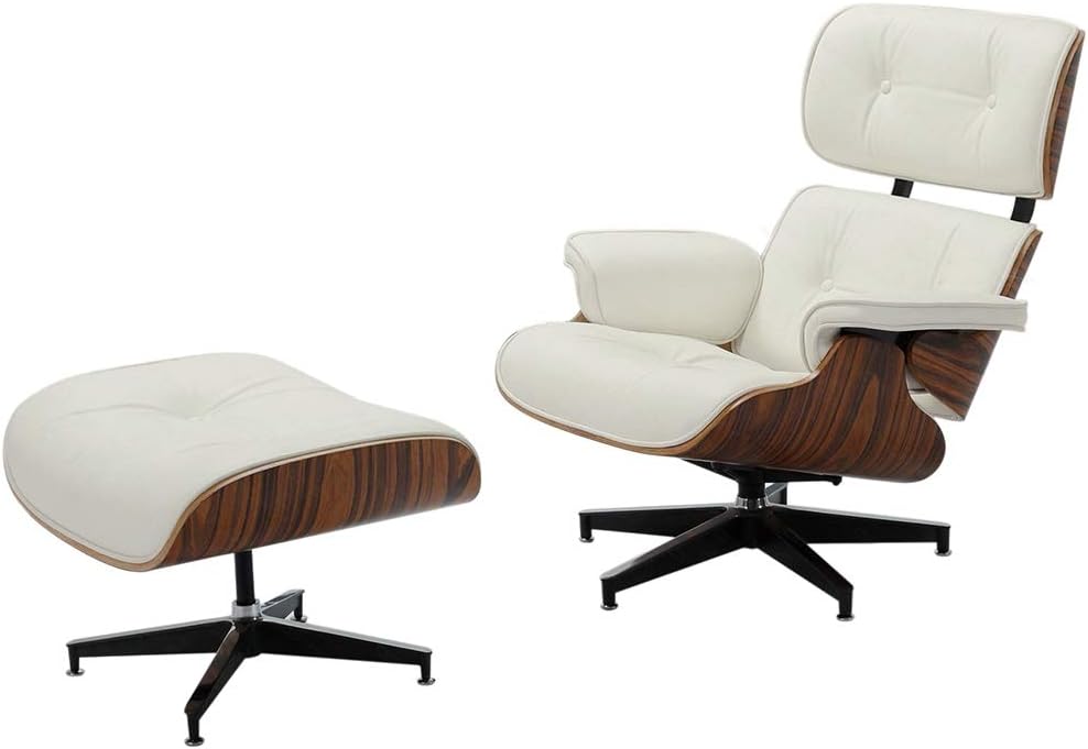 Mid Century Modern Lounge Chair with Ottoman,Mid Century Recliner Chair - High Grade Leather - White Solid Wood Lounge Chair Replica (Cream Palisander - Upgraded1)