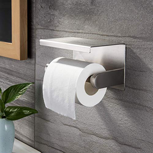 YIGII Toilet Paper Holder with Shelf - Stainless Steel Toilet Roll Holder Self Adhesive or Wall Mounted for Bathroom - Thumbnail 2