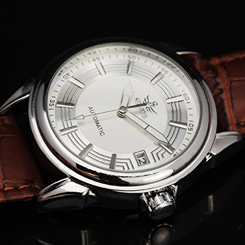 Sewor da uomo auto meccanico calendario giornaliero impermeabile orologio da polso fascia in pelle marrone