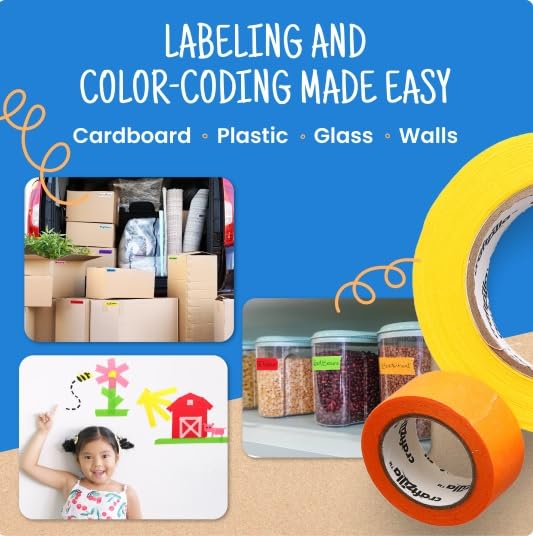 Craftzilla Colored Masking Tape - 11 Roll Multi- Pack, 55 Yards x 1 in Colorful Craft Tape- Great for Arts & Crafts, Kids, Labeling and Color- Coding