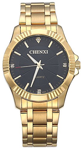 Fanmis Men's Luxury Analog Quartz Watch IP Gold Plating Stainless Steel Black Dial with Rhinestones Business Wrist Watch