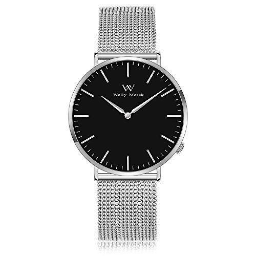Welly Merck Swiss Movement Sapphire Crystal Men Luxury Watch Minimalist Ultra Thin Slim Analog Wrist Watch 20mm Silver Stainless Steel Mesh Band in Black Dial 164ft Water Resistant