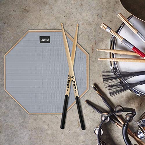 LOLUNUT 12 Inch Silent Drum Pad, Dumb Drum Beginner Rubber Practice Pad, with 5A Drum Sticks (12 Inch Grey)