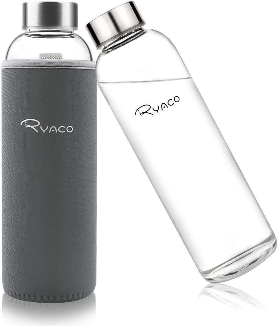 RYACO Glass Water Bottle 550ml/18oz,Borosilicate Glass Bottle with Neoprene Protective Case for Hot Cold Drinks,BPA-Free Leak Proof,Sport Water Bottles with Sponge Brush,Dishwasher Safe