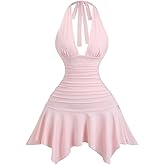 WDIRARA Women's Deep V Neck Halter Mini Dress Ruched Backless Ruffle Hem A Line Short Dresses