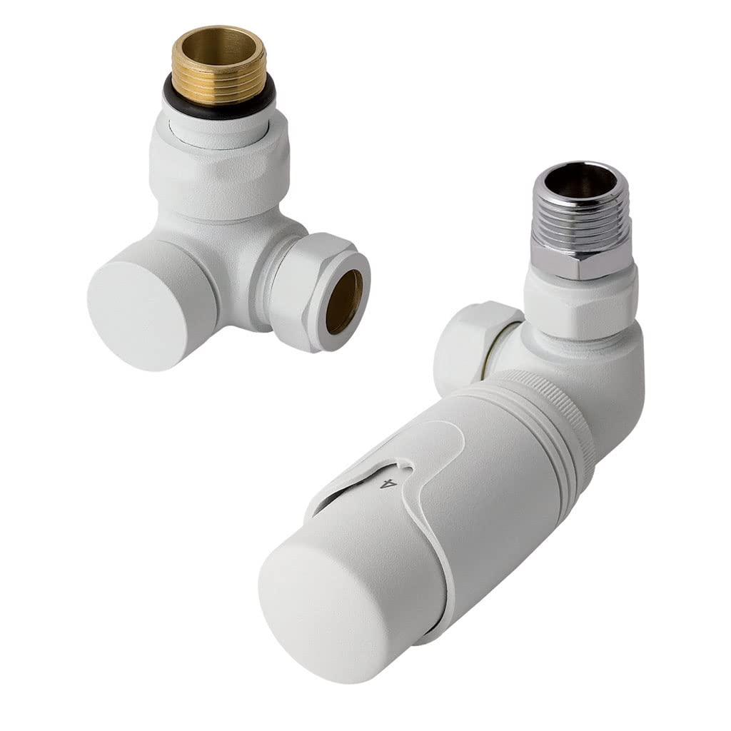 Corner Angled Thermostatic Radiator Valves TRV & Lockshield Pair-Textured White