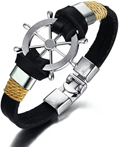 OurJewellery Mens Boat Wheel Pirate Style Genuine Leather Rudder Bracelet Bangles (Black)