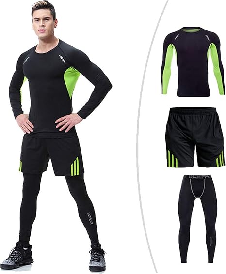 Amazon Co Jp メンズ圧縮スポーツウェア 3ピースメンズフィットネスジム服セットスポーツウェアエクササイズ服男性アクティブウェアトレーニングトレーニングランニング パワーストレッチ Color Green Size S ホーム キッチン