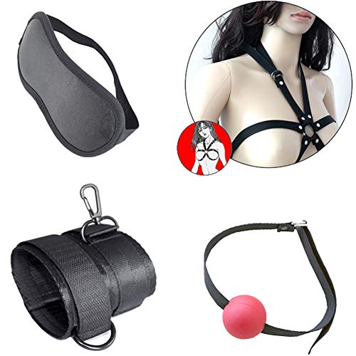 4 Piece Bondage Restraints Set Kit for Bed and Under Bed Sex Play SM Bondage Toy Gear Breast Handcuff Eye Mask Wrist Ankle Mouth Gag Rope Strap On Harness for Women Couples Lesbian Female