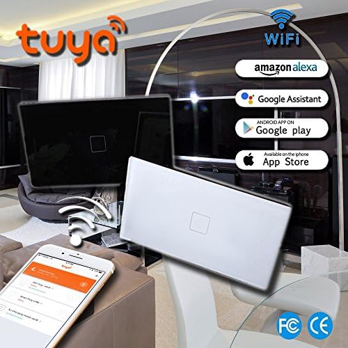 Smart WiFi Switch Light Wall Touch Remote Control Programmable TUYA Smartphone Android 4.1 iOS 8.0 Above Compatible with Alexa Google Assistant NEW DESIGN GLASS PANEL Black