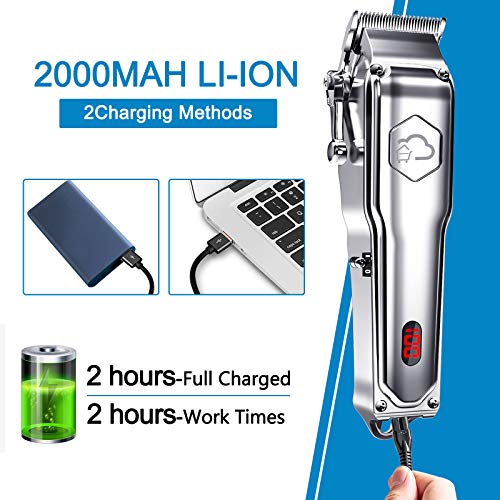 GERFENNY Cordless Hair Clippers for Men Professional, Cordless Hair Trimmers Rechargeable for Hair Cutting with LED Display, USB Qucik Charge Waterproof Mens Hair Clippers Silver