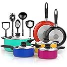 Vremi 15 Piece Nonstick Cookware Set - Colored Kitchen Pots and Pans Set Nonstick with Cooking Utensils - Purple Teal Red Blue Yellow Pots and Non Stick Pans Set
