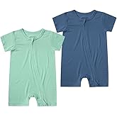 Teach Leanbh Unisex Baby 2 Pack Bamboo Viscose Pajamas Short Sleeve 2 Way Zipper Romper Jumpsuit Sleep and Play