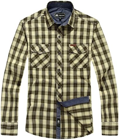 Fashiondiary Men's Slim Heavy Buttoned Plaid Point Collar Shirt Khaki 3XL /US M-L chest:40.9"