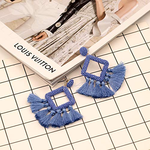 Light Blue Beaded Tassel Earrings, Statement Laniyah Fringe Drop Earrings for Womens Gift For Her, Mom, Sister and Friend - Thumbnail 3
