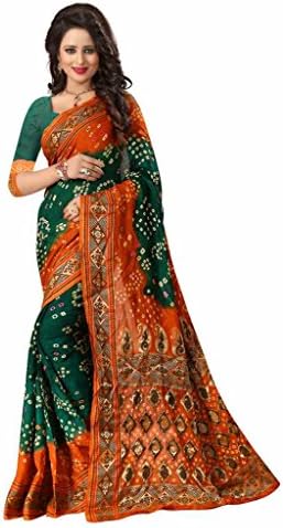 Shopaholic Women's Cotton Silk Designer Saree, Free Size, Green and Orange