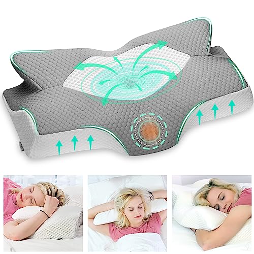 Elviros Orthopaedic Memory Foam Pillow, Side Sleeper Pillow, Neck Support Pillow, Ergonomic Sleeping Pillow for Neck and Shoulder Pain (64 x 12.5/10.5 x 38 cm, Grey)