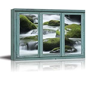 Mossy River Stones and Misty Water Streams Down a Forest Creek - Canvas Art Home Art - 24x36 inches